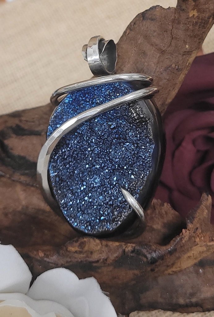 925 Sterling Silver Cobalt Blue Titanium Drusy Natural Stone Pendant