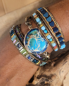Blue Variscite Stone, Mixed Beads and Crystal, natural Stone Leather Cord Wrap Bracelet