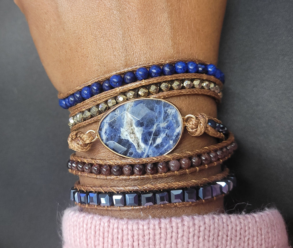 Natural Sodalite and Garnet Stone Boho Style Unisex Wrap Bracelet