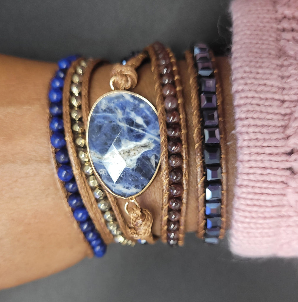 Natural Sodalite and Garnet Stone Boho Style Unisex Wrap Bracelet