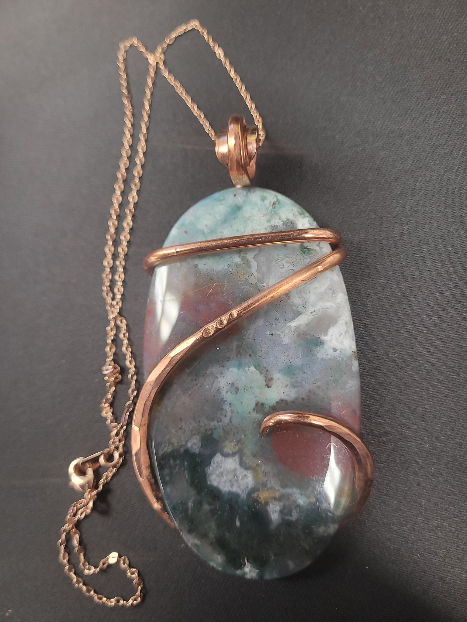 Large Oval Shaped Bloodstone Pendant Necklace, Natural Stone Wire wrap Jewelry