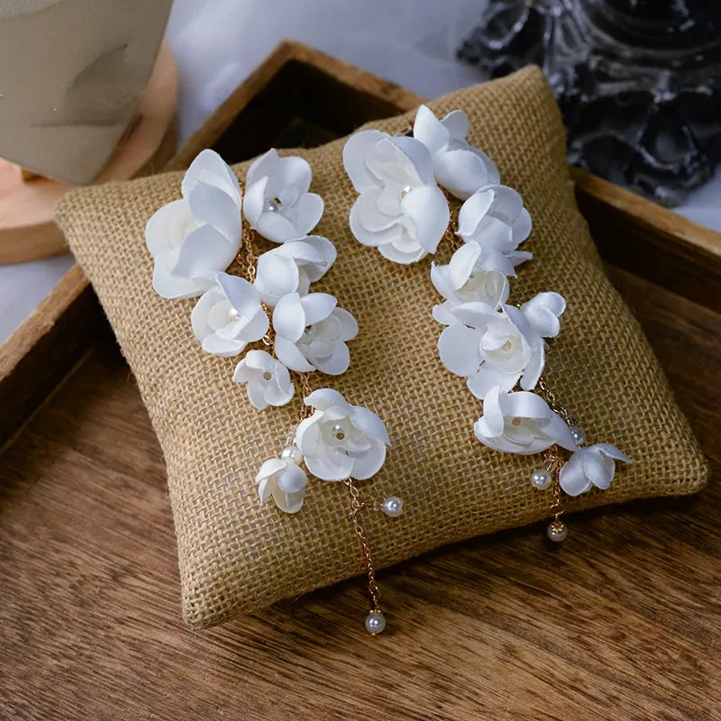 Long White Flower Wedding & Bridal Earrings