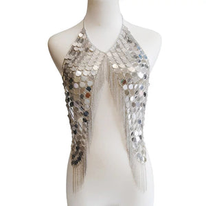 V Neck Body Chain, Silver and Gold Paillette Sequin body chain