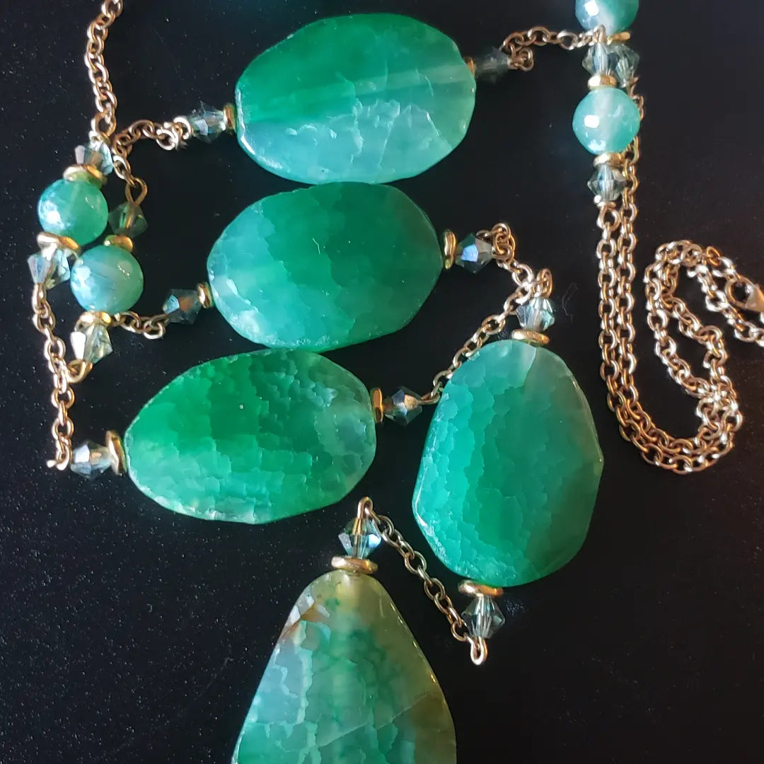 Long Vibrant Kelly Green Fire Agate Necklace