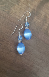 Blue Cats Eye Earrings, Fiber Optic Blue Earrings