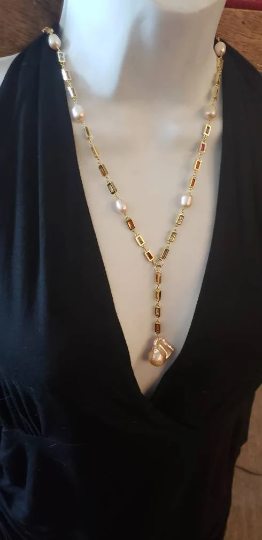 Colorful Elegant Unique Long crystal and Pearl Drop Necklace