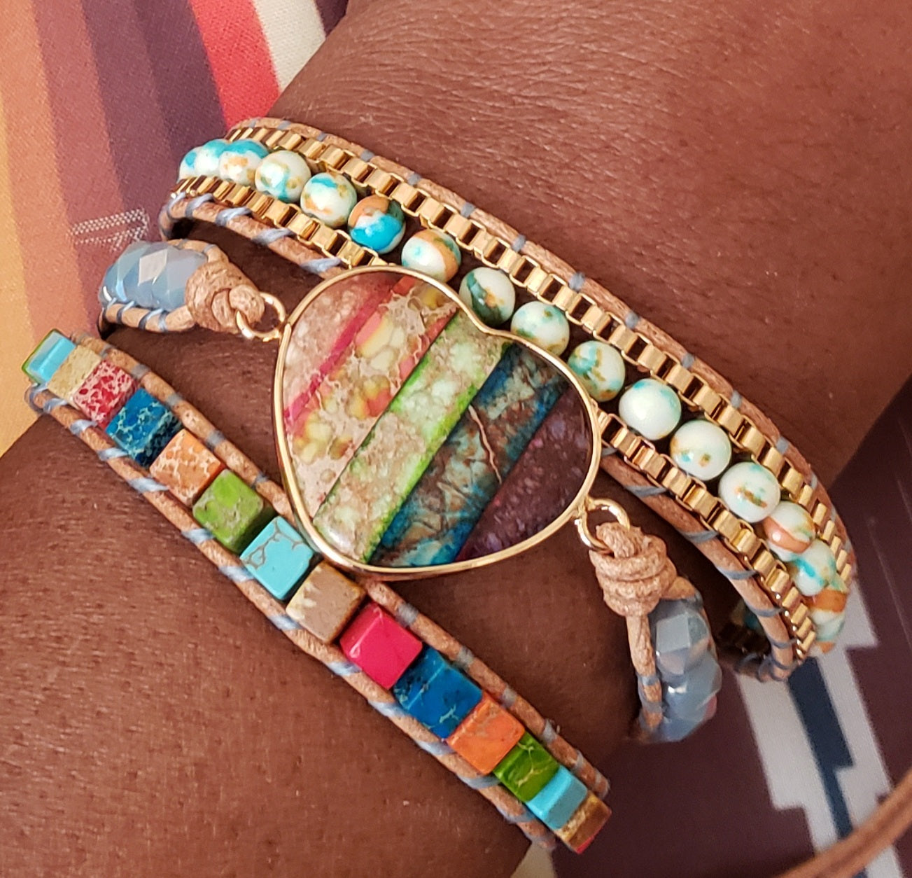 Heart Shaped  Multi Color Natural Stone Leather Wrap Bracelet
