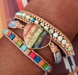 Heart Shaped  Multi Color Natural Stone Leather Wrap Bracelet